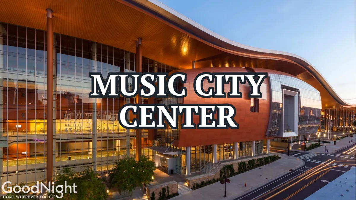 This exterior image captures the iconic Music City Center building, surrounded by modern landscape architecture and set within Nashville's energetic urban core. The photo highlights easy walkability to major convention and event venues.